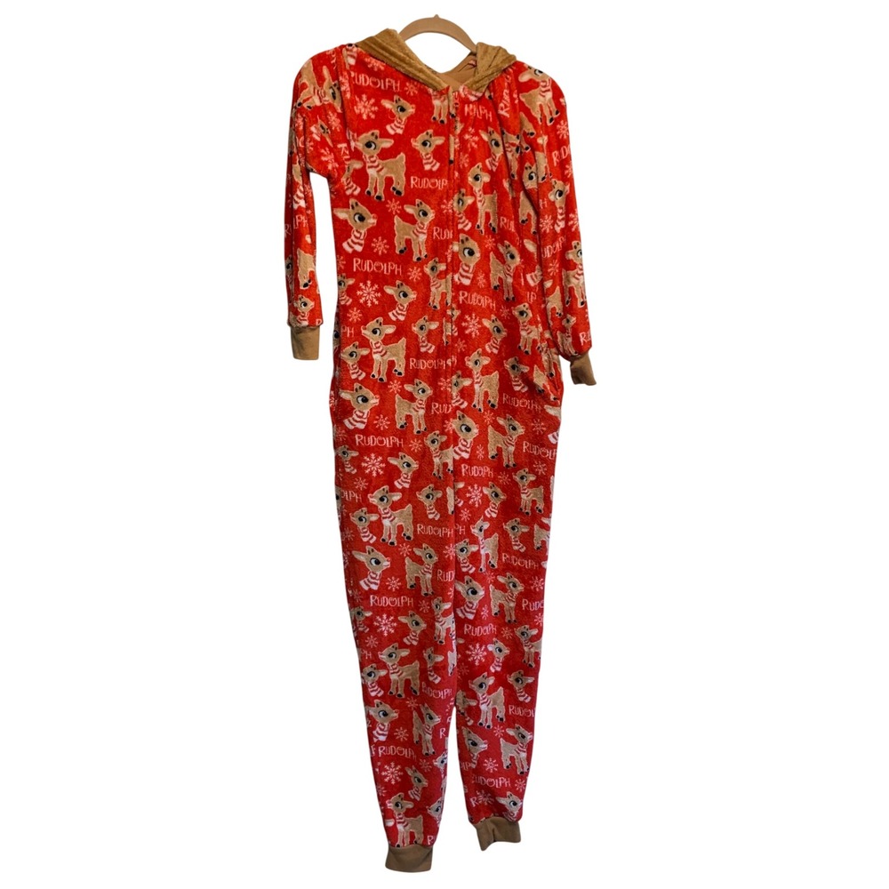Rudolph The Red-Nosed Reindeer Union Suit Adult Small Red Fleece Hooded Pajamas